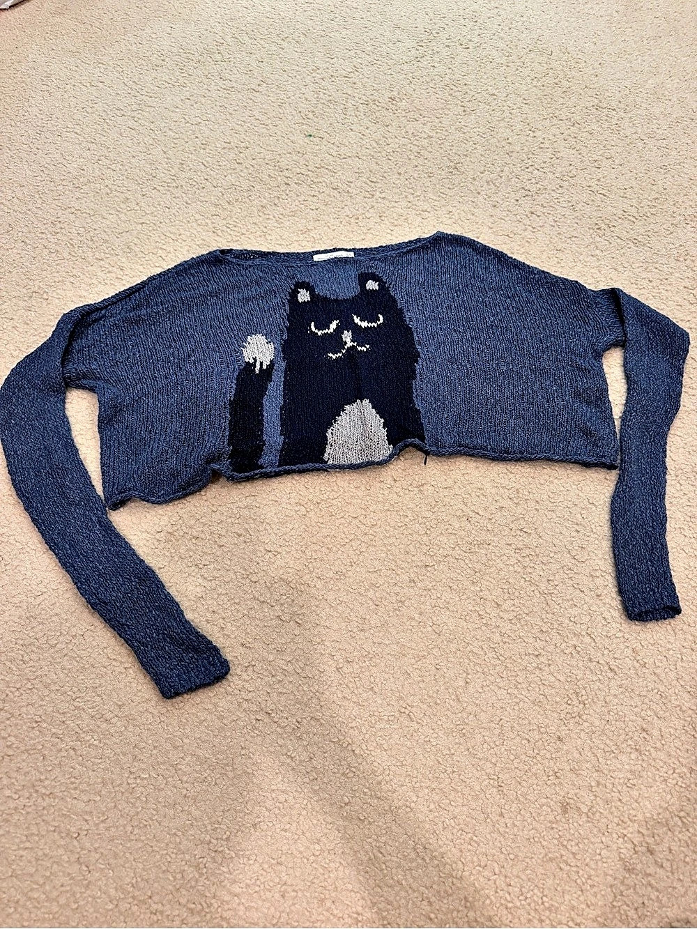 Abercrombie & Fitch Cat Graphic Crop Knit Sweater Blue & Black XS/S